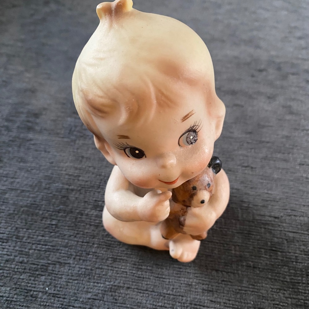 Vintage Kewpie Ceramic Baby Figurine Holding Teddy Bear Adorable Nursery Decor